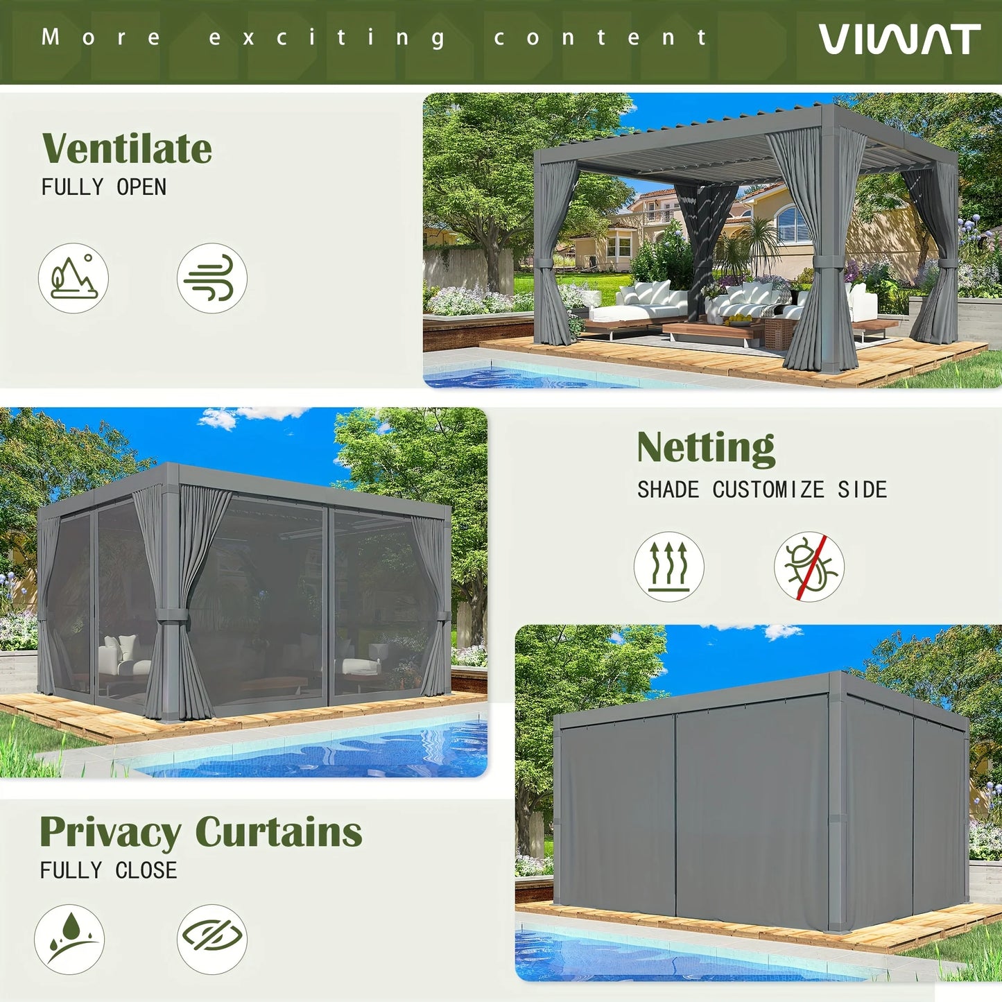 VIWAT Louvered Pergola Aluminum Gazebo With Waterproof Roof