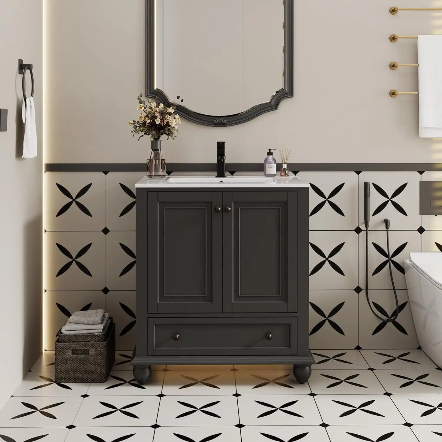 Bathroom Vanity And Sink Combo With Retro Painted Cabinet Matte Faucet