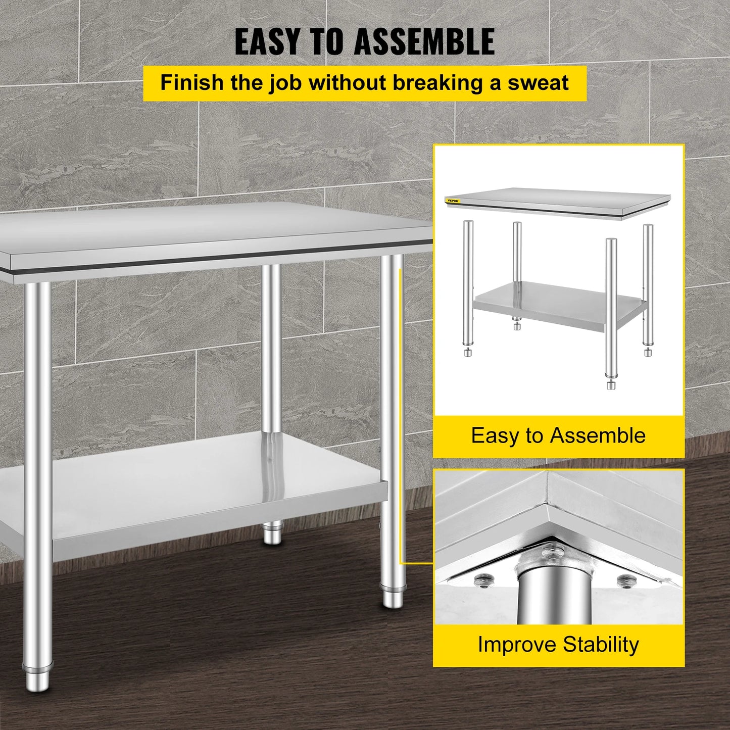 VEVOR Commercial Stainless Steel Kitchen Work Bench With Undershelf