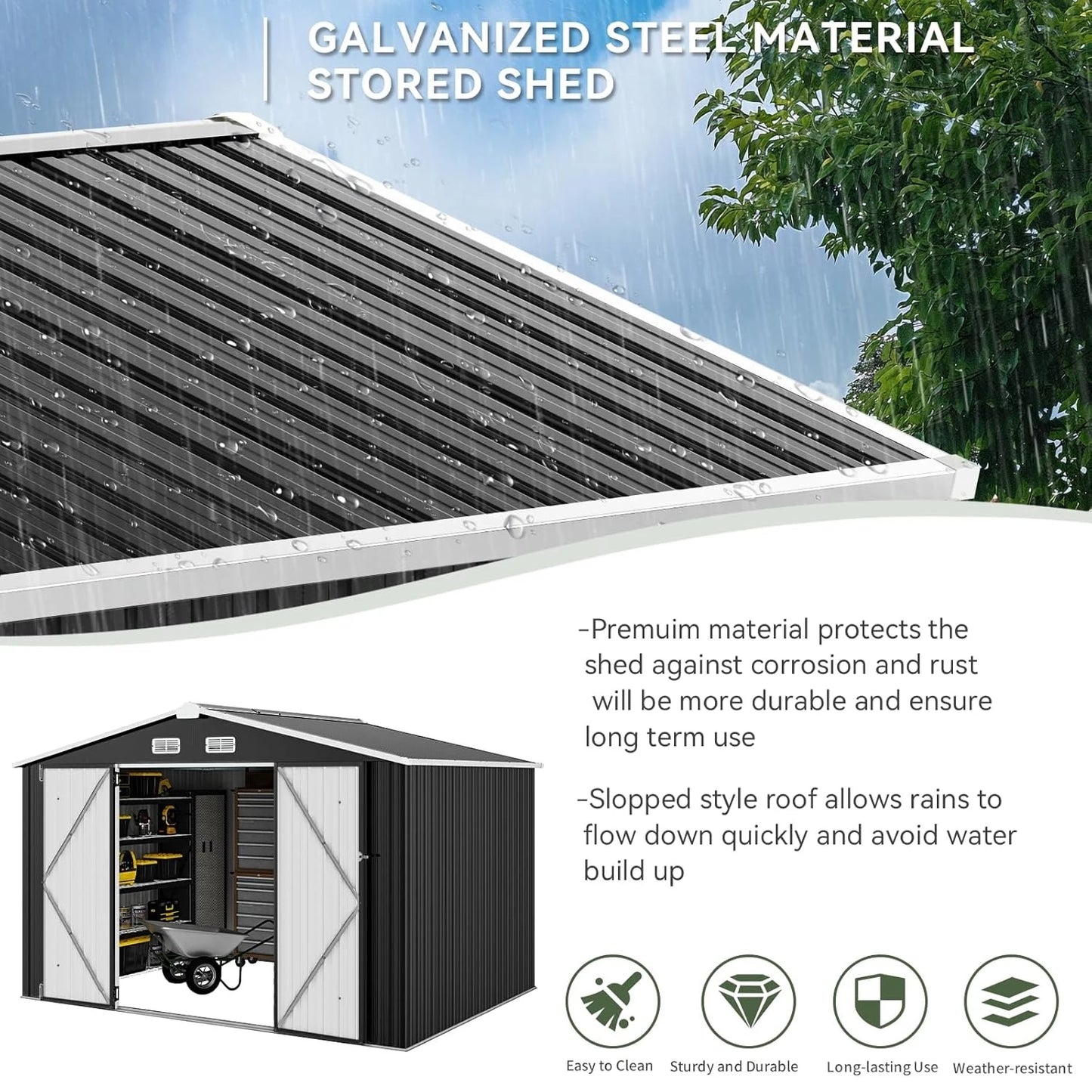 Galvanized Outdoor Storage Shed, Waterproof For Garden Tools