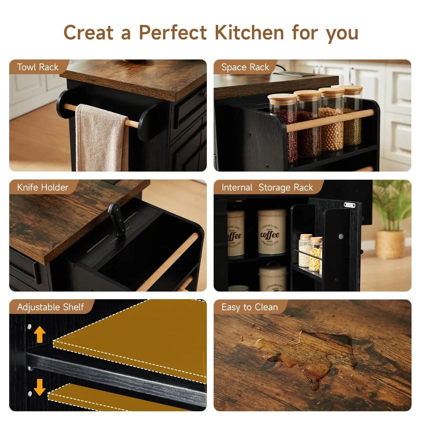Mobile Kitchen Island Cart With Drop Leaf And Power Outlet