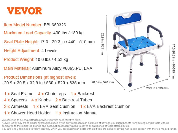 SucceBuy 360 Degree Swivel Shower Chair With Armrests And Backrest Non Slip