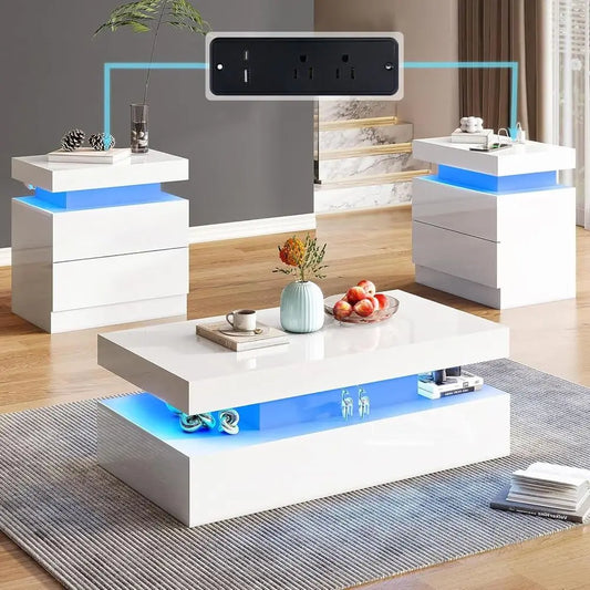 Modern LED Illuminated Living Room Table Set With Charging Station
