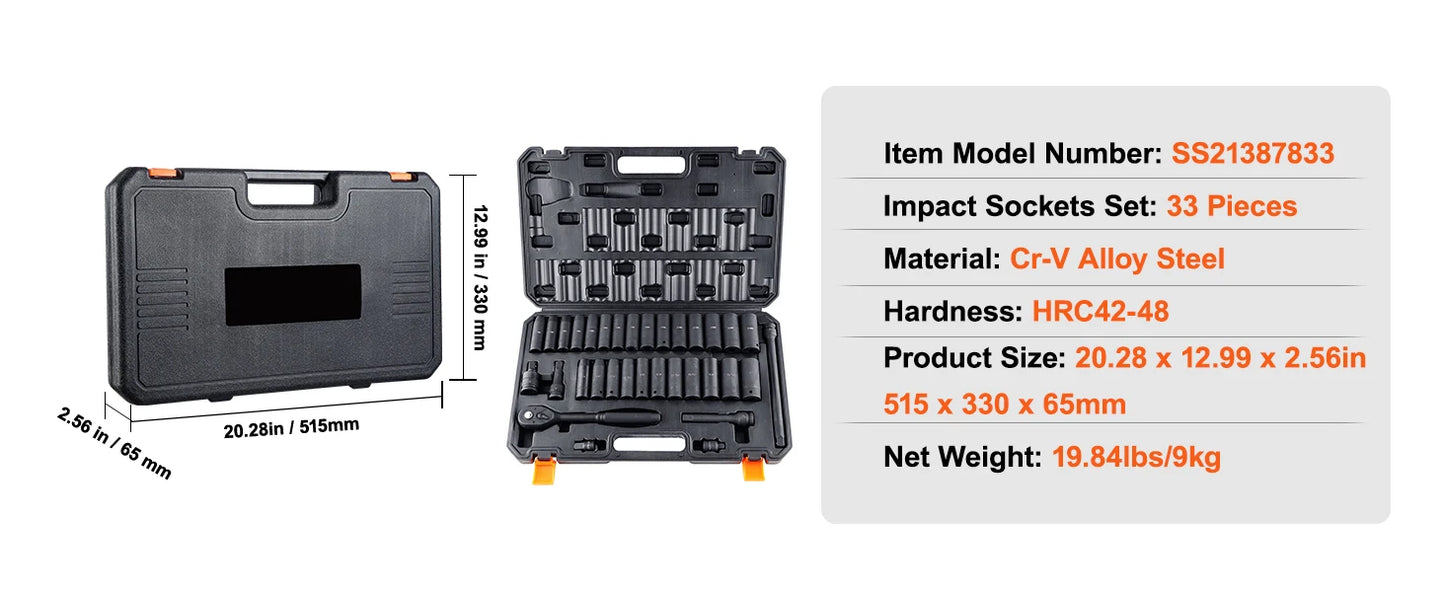 SucceBuy 1/2" 3/8" Drive Impact Socket Set 23/33/34/48/65 PCs Deep Socket Set SAE Metric Cr-V Cr-Mo Alloy Steel for Auto Repair