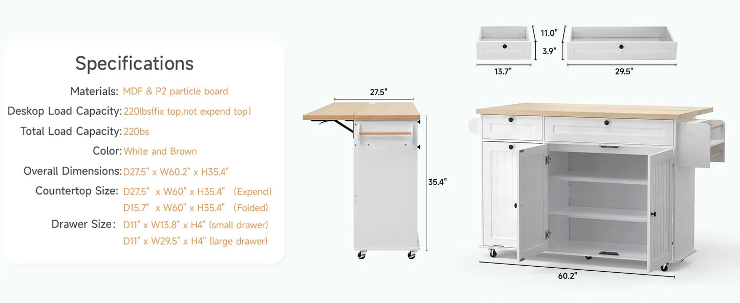 ONBRILL Rolling Mobile Kitchen Island With Power Outlet Towel Rack