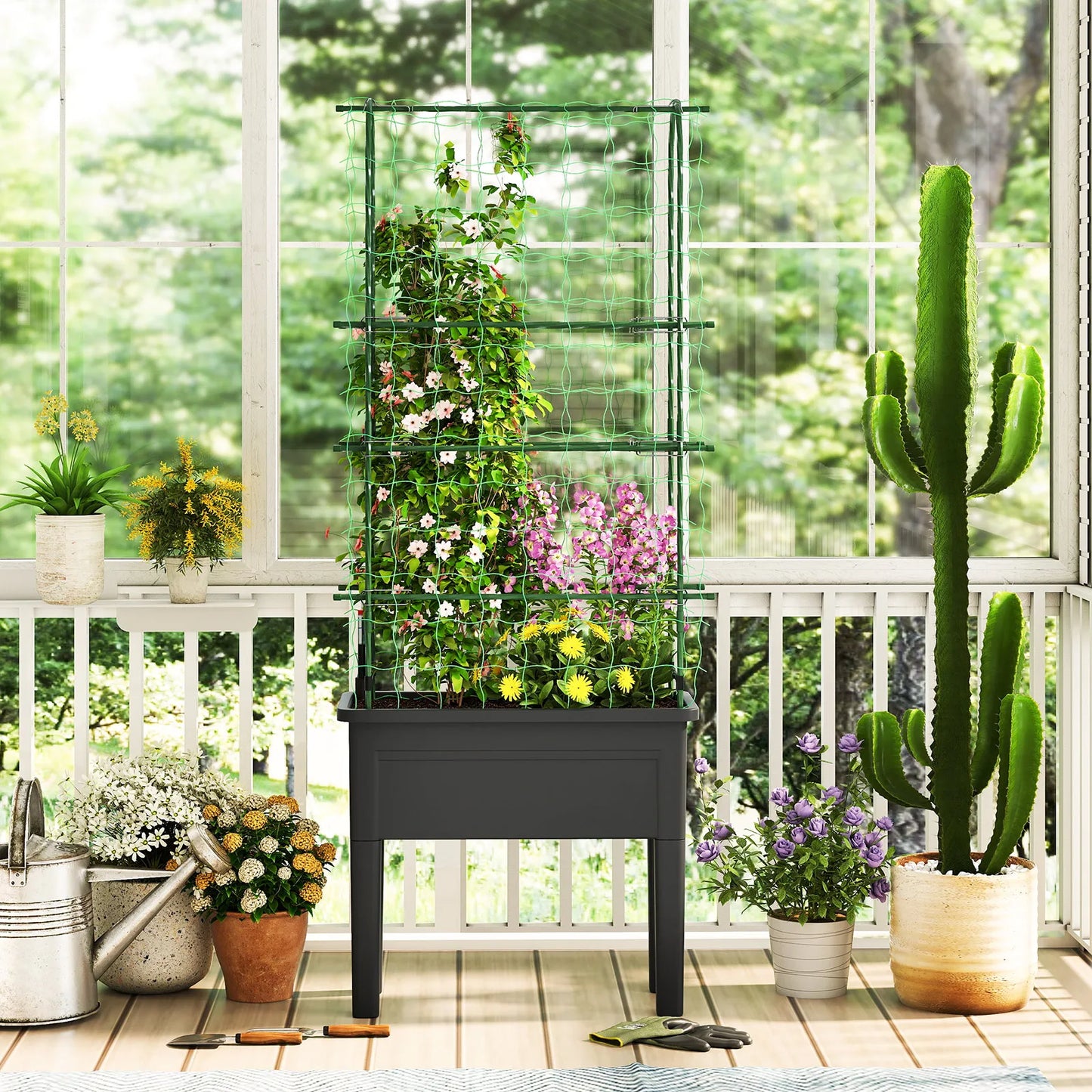 Raised Garden Bed Planter With Trellis And Water Level Indicator