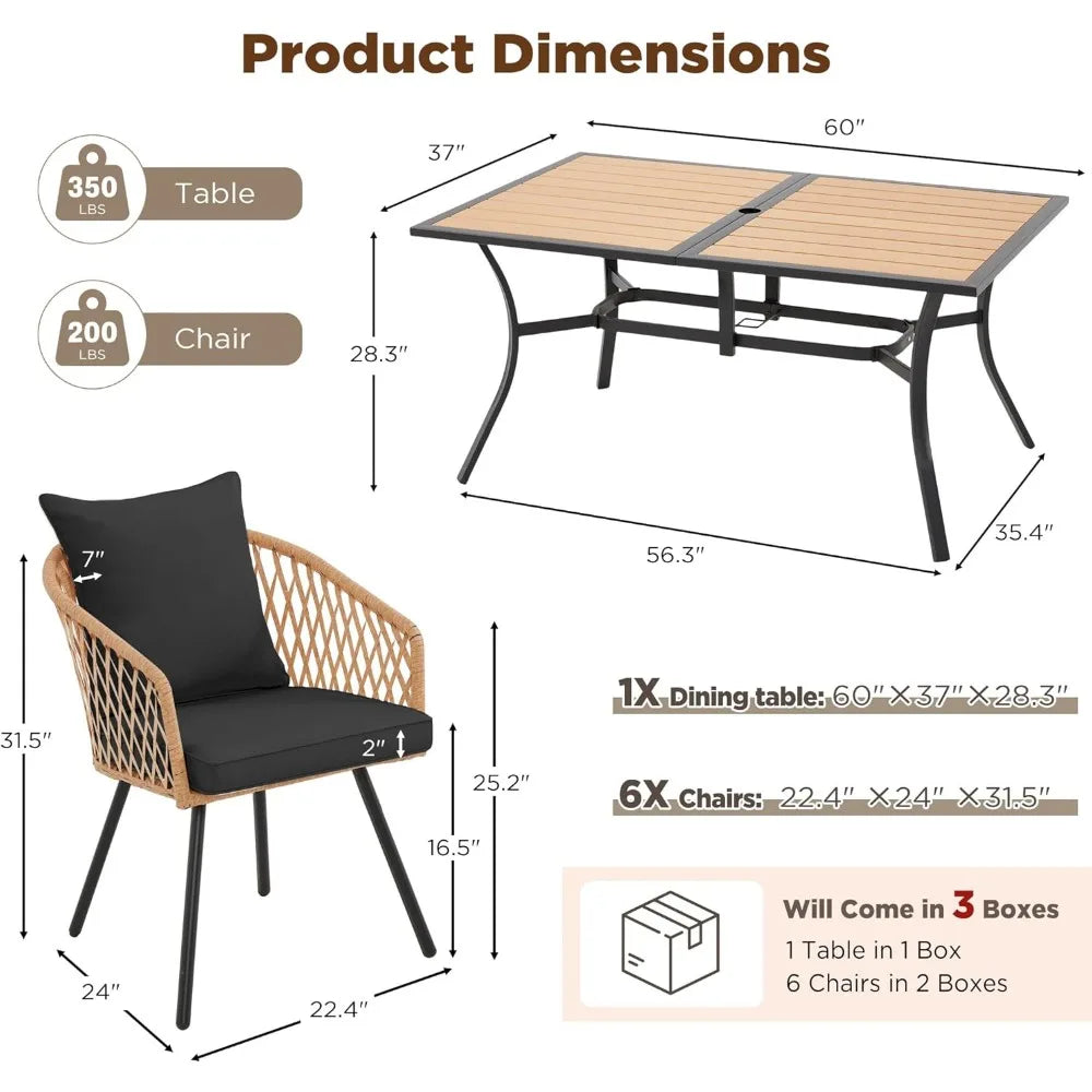 All-Weather Rattan Patio Dining Set With Wood Table And Umbrella Hole