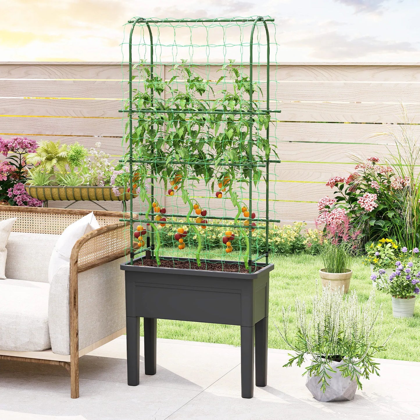 Raised Garden Bed Planter With Trellis And Water Level Indicator