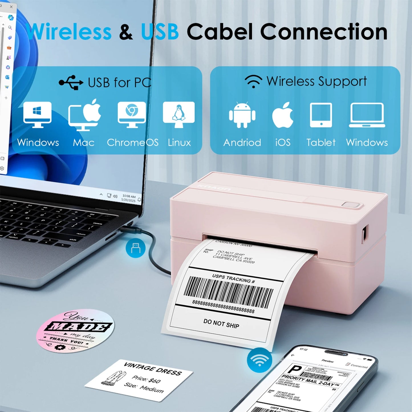 Knaon Thermal Label Printer for Shipping Labels Android iPhone Windows