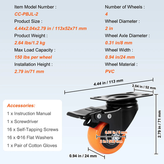 SucceBuy PVC Furniture Caster Wheels Set Of Four Swivel Casters