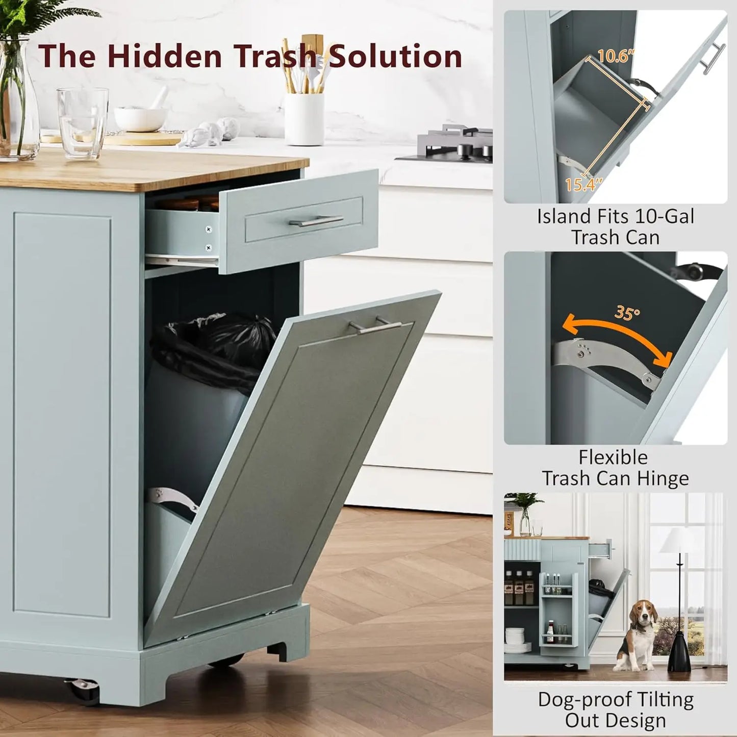Fluted Rolling Kitchen Island With Power Outlet And Drop Leaf