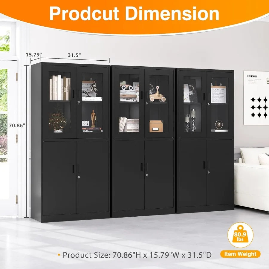 Lockable Metal Storage Cabinet With Glass Doors For Office Use