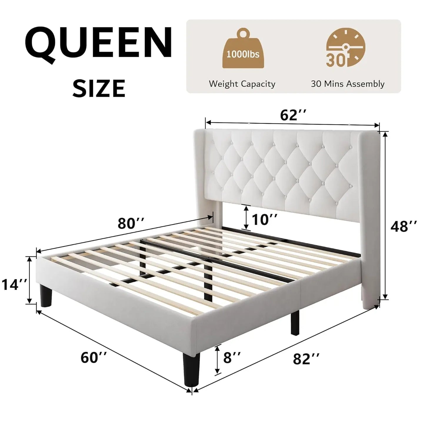 Queen Velvet Platform Bed With Button Tufted Upholstery And Wood Slats