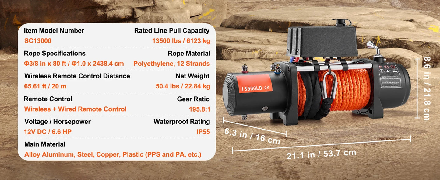 SucceBuy 13500Lbs Electric Winch With 80ft Synthetic Rope Remote Control