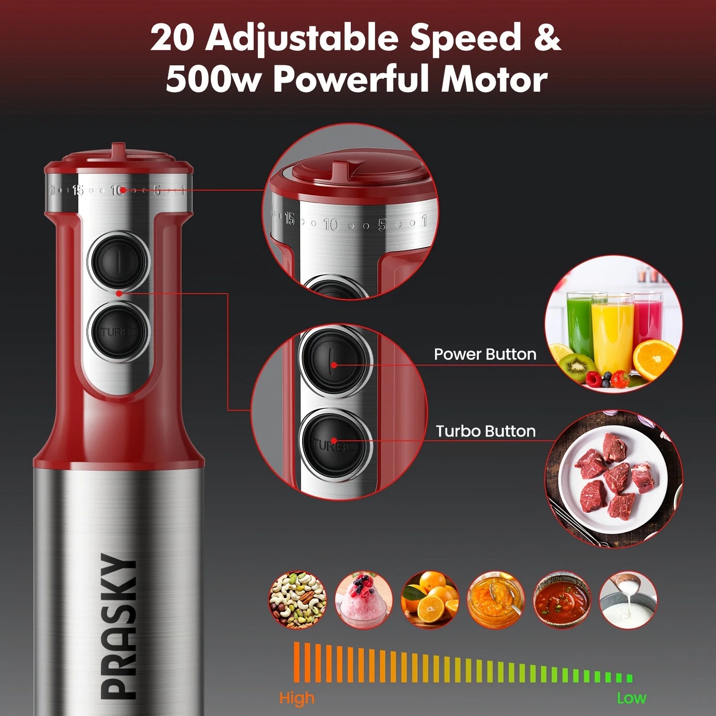 Prasky 5-In-1 Handheld Immersion Blender With Whisk And Meat Chopper