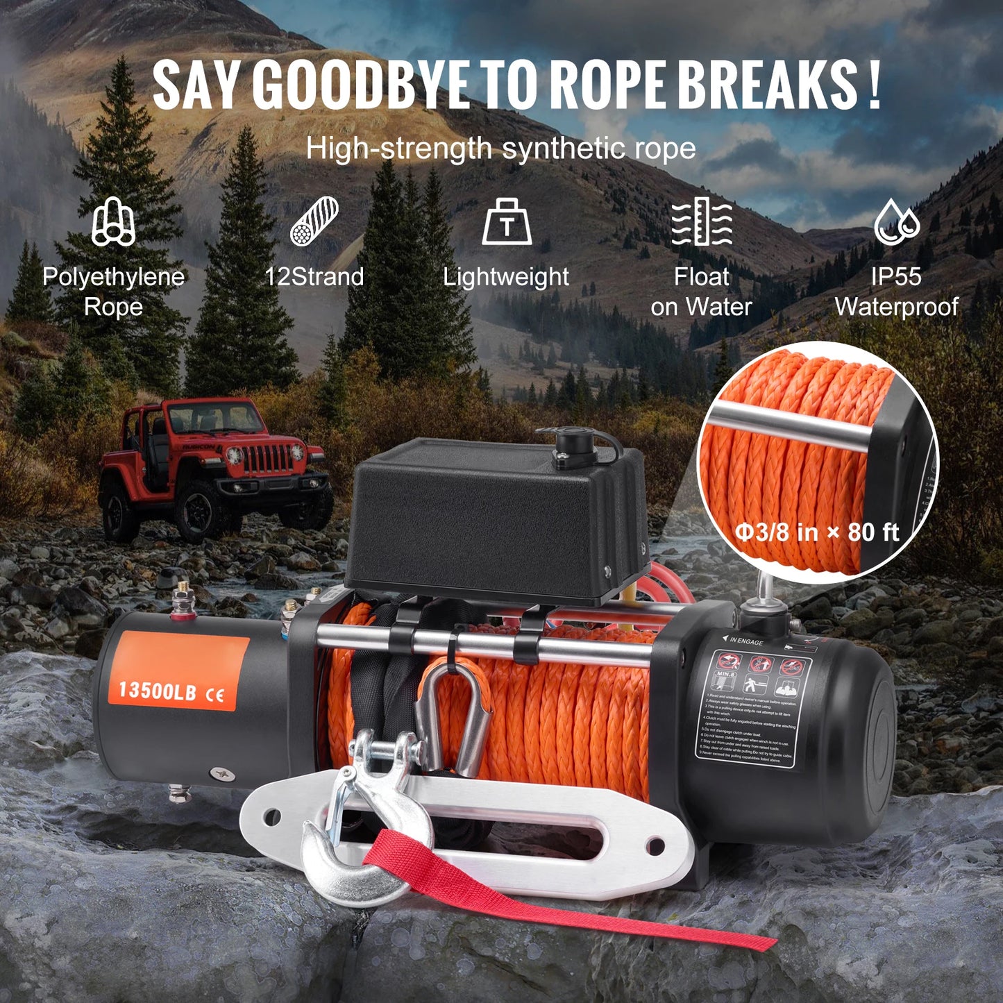 SucceBuy 13500Lbs Electric Winch With 80ft Synthetic Rope Remote Control
