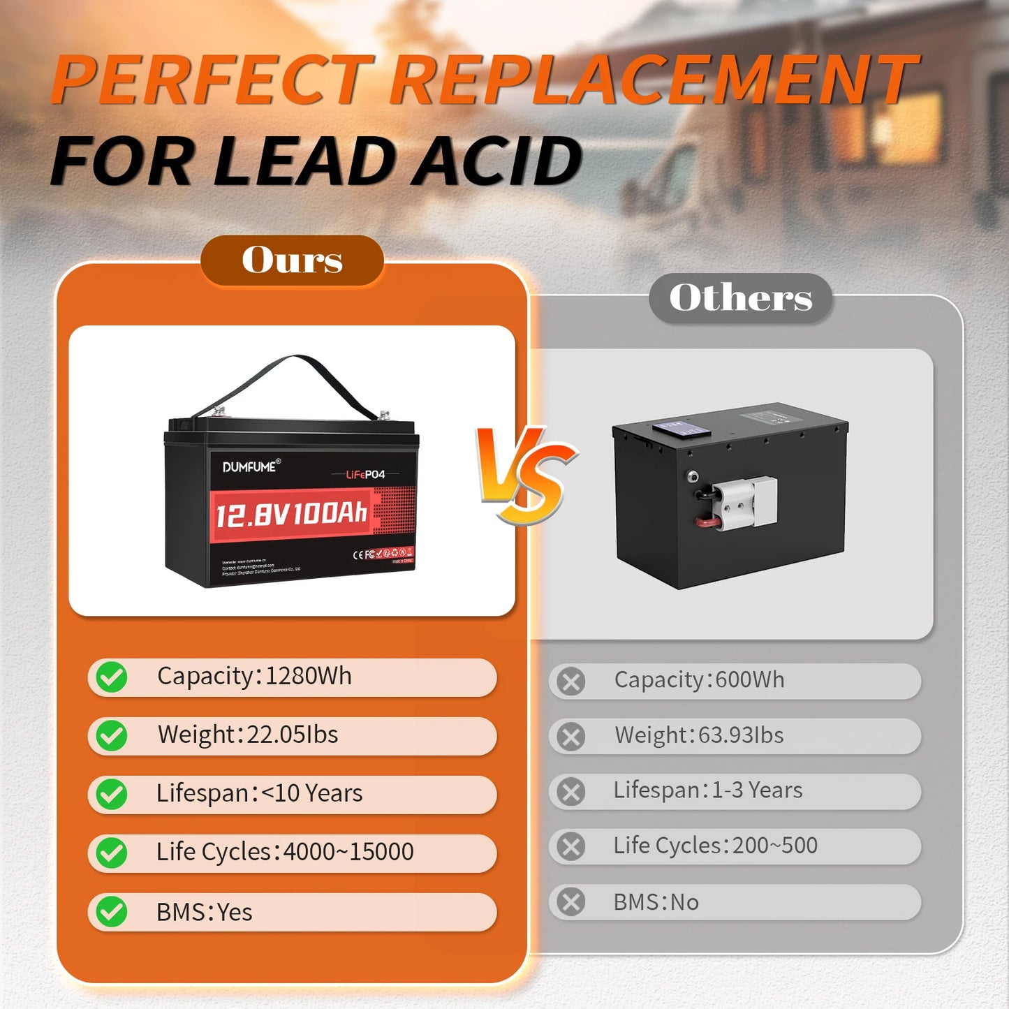 Dumfume 12V 100Ah LiFePO4 Battery With 100A BMS System