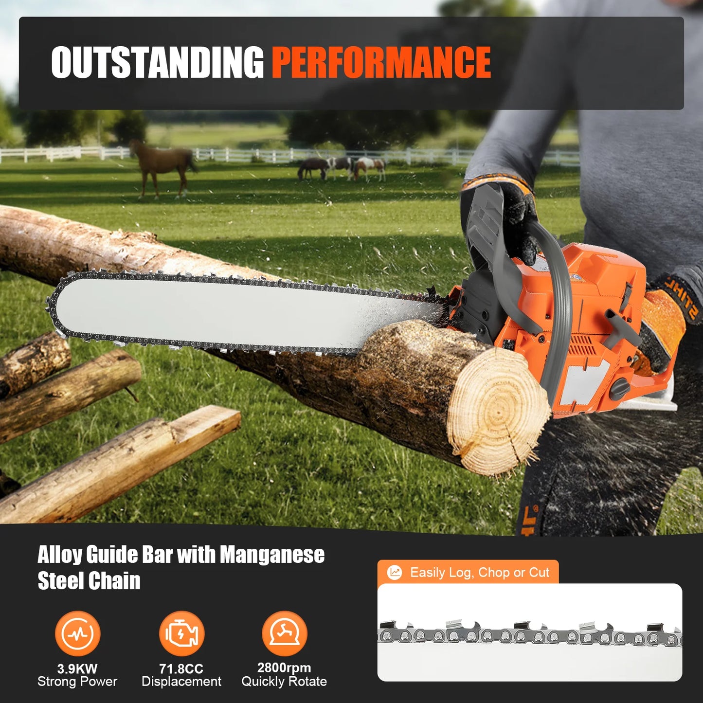 Gas Chainsaw With Hand Pull Start For Farm And Woodcutting