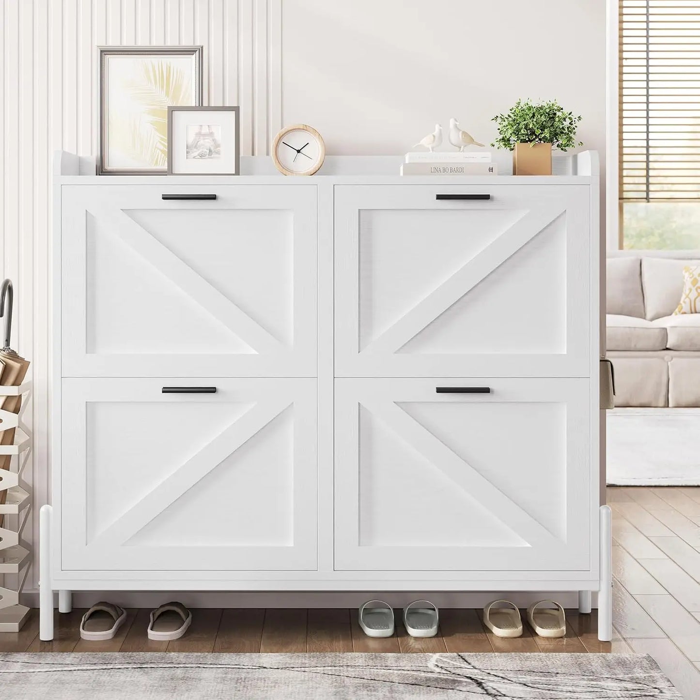 Farmhouse Shoe Storage Cabinet With 4 Flip Drawers Adjustable Shelf