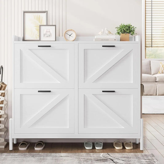 Farmhouse Shoe Storage Cabinet With 4 Flip Drawers Adjustable Shelf