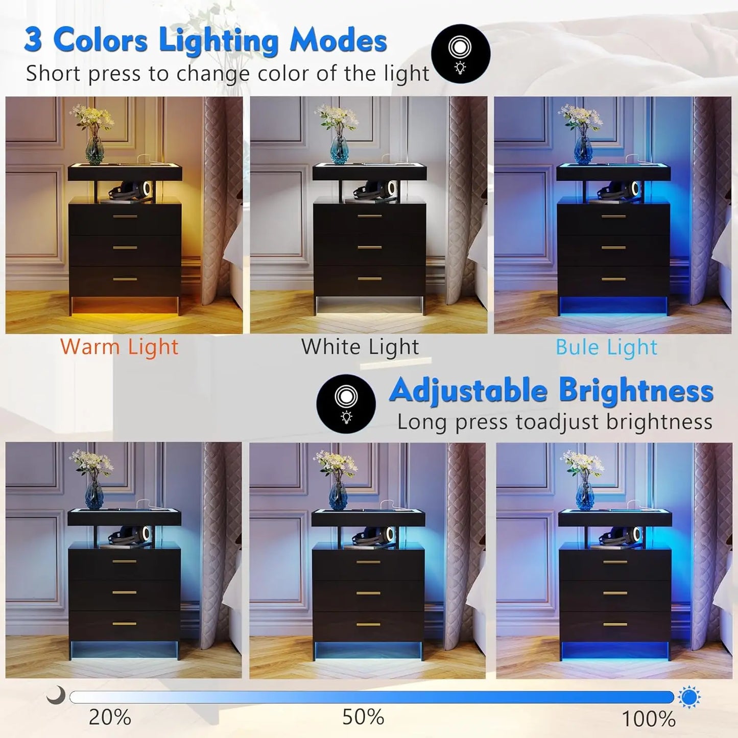 Nightstands Set With Wireless Charging Auto Sensor Led End Tables