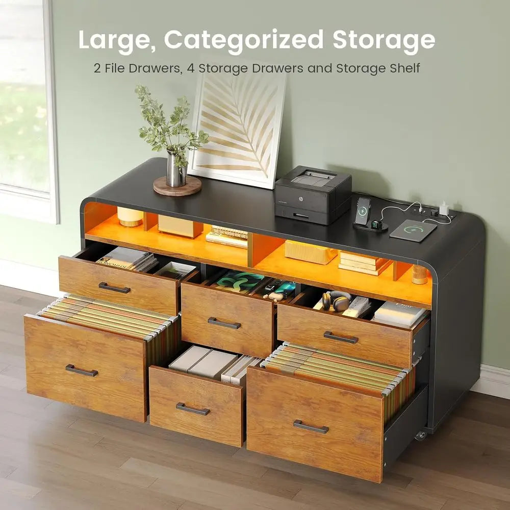 Wood Mobile Lateral File Cabinet With 6 Drawers LED Lighting