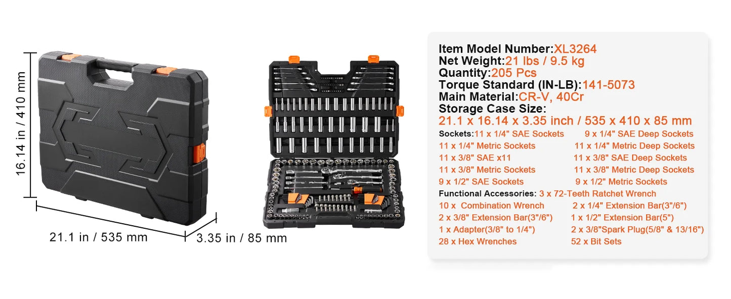 SucceBuy Mechanics Tool Set Deep And Standard Sockets 145 205 Pcs SAE Metric