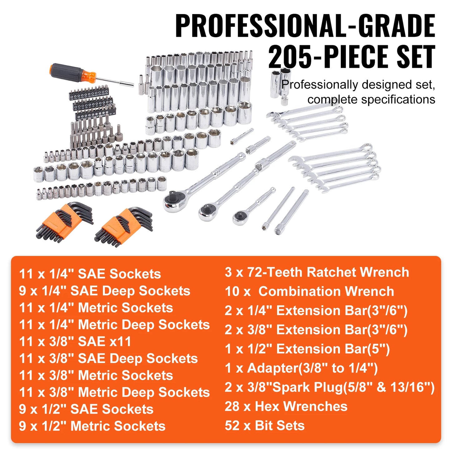 SucceBuy Mechanics Tool Set Deep And Standard Sockets 145 205 Pcs SAE Metric