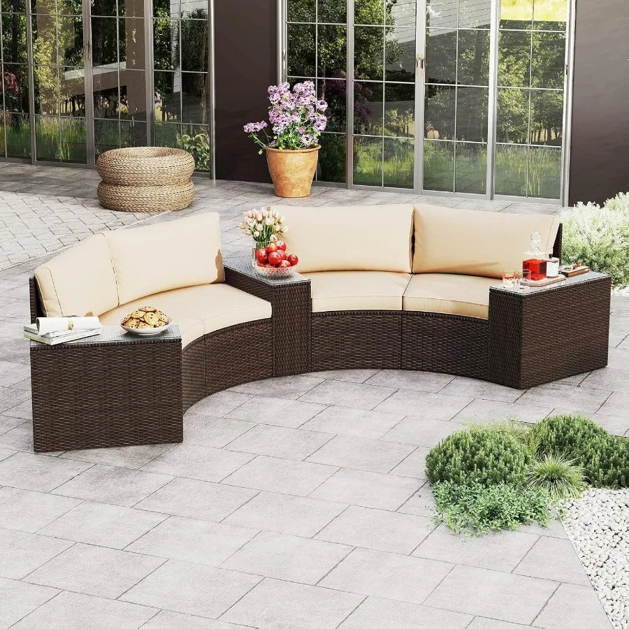 PE Rattan Half Moon Patio Sectional Set With Glass Tables