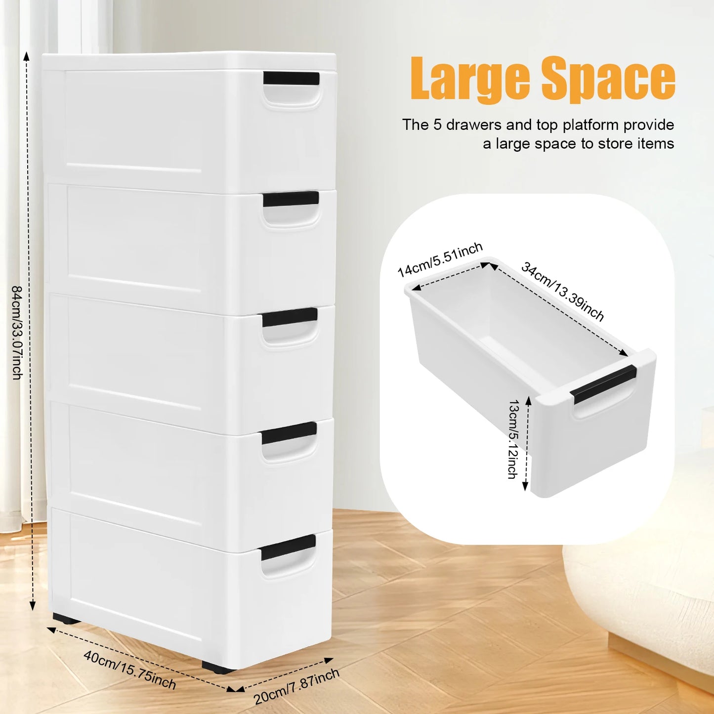 Large Capacity Storage Cabinet with 5 Compartmentalized Design Drawers, Organized Storage Cabinet , Flexible Movement