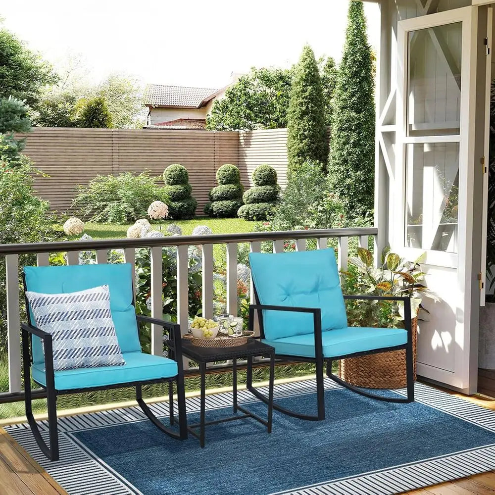 3-Piece Wicker Outdoor Rocking Bistro Set With Cushions Coffee Table