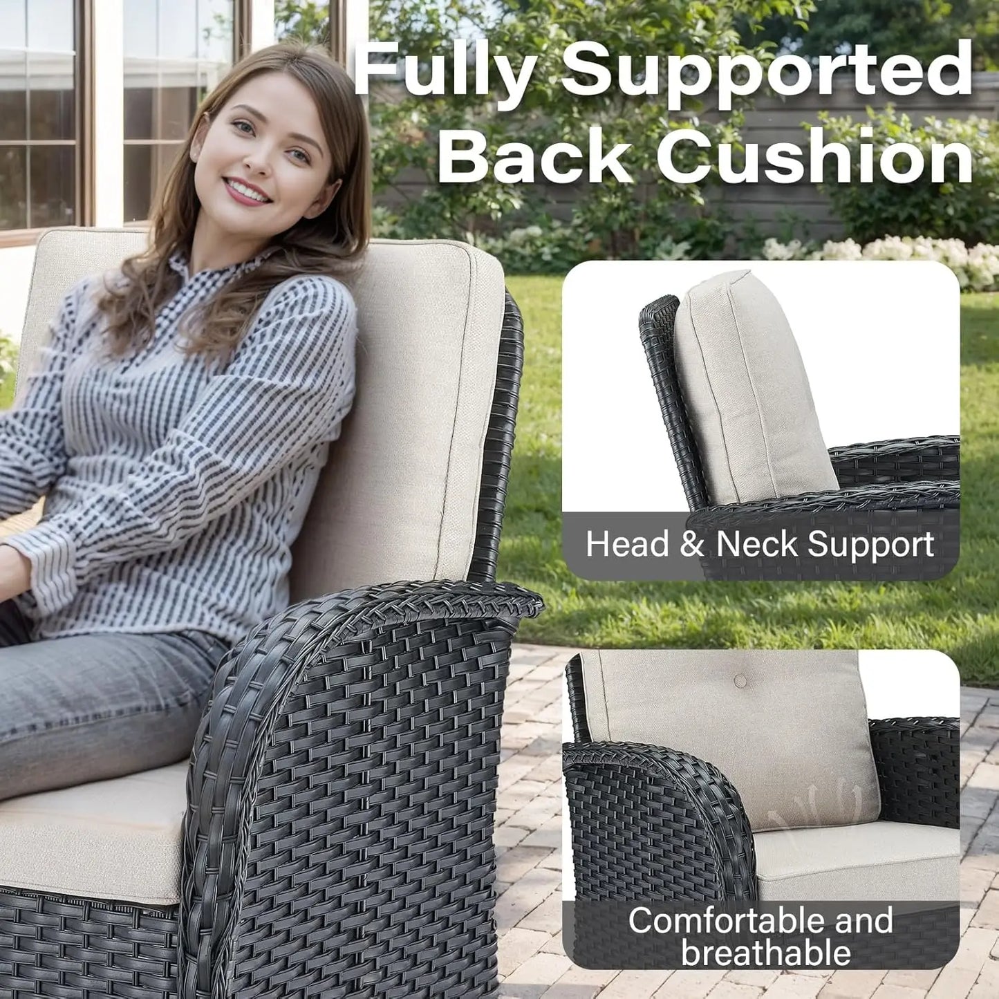Wooden Outdoor Wicker Patio Swivel Rocker Glider Chairs Set With Side Table