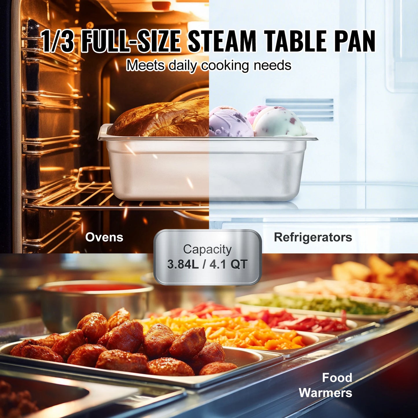 VEVOR Stainless Steel Steam Table Pan 2.6 Qt Catering Pan
