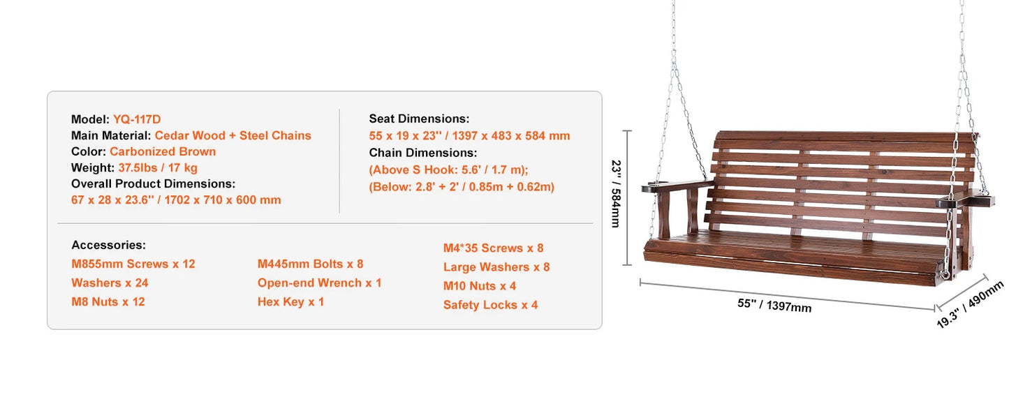 SucceBuy Wooden Porch Swing Outdoor Patio Bench Garden Seat