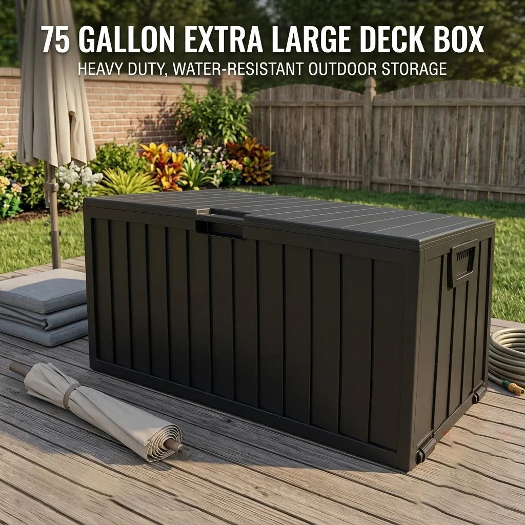 Outdoor Deck Box With Lockable Lid And Heavy Duty Hinged Door Plastic Storage