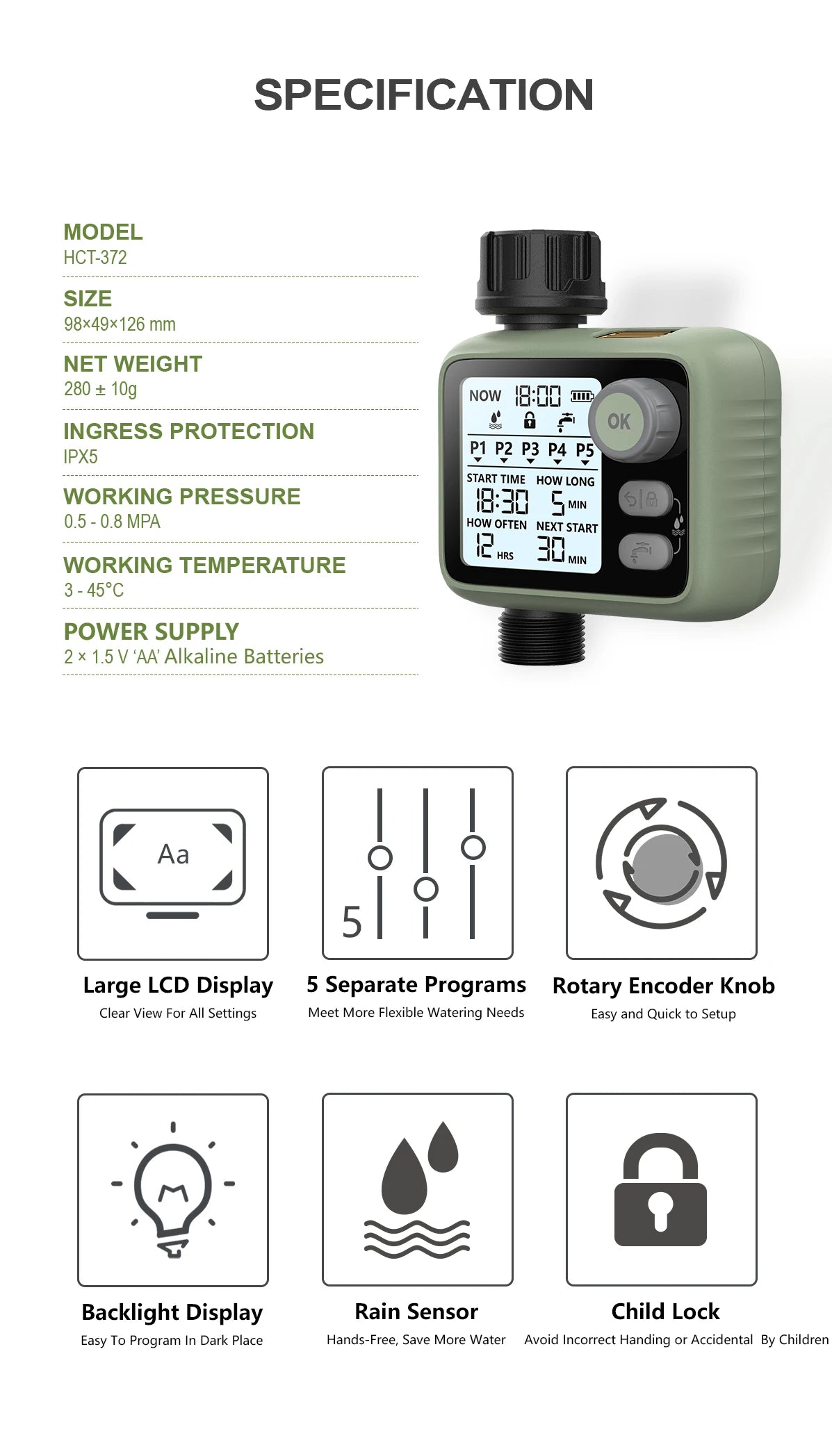 Eshico HCT-372 Water Timer With LED Backlight Rain Sensor