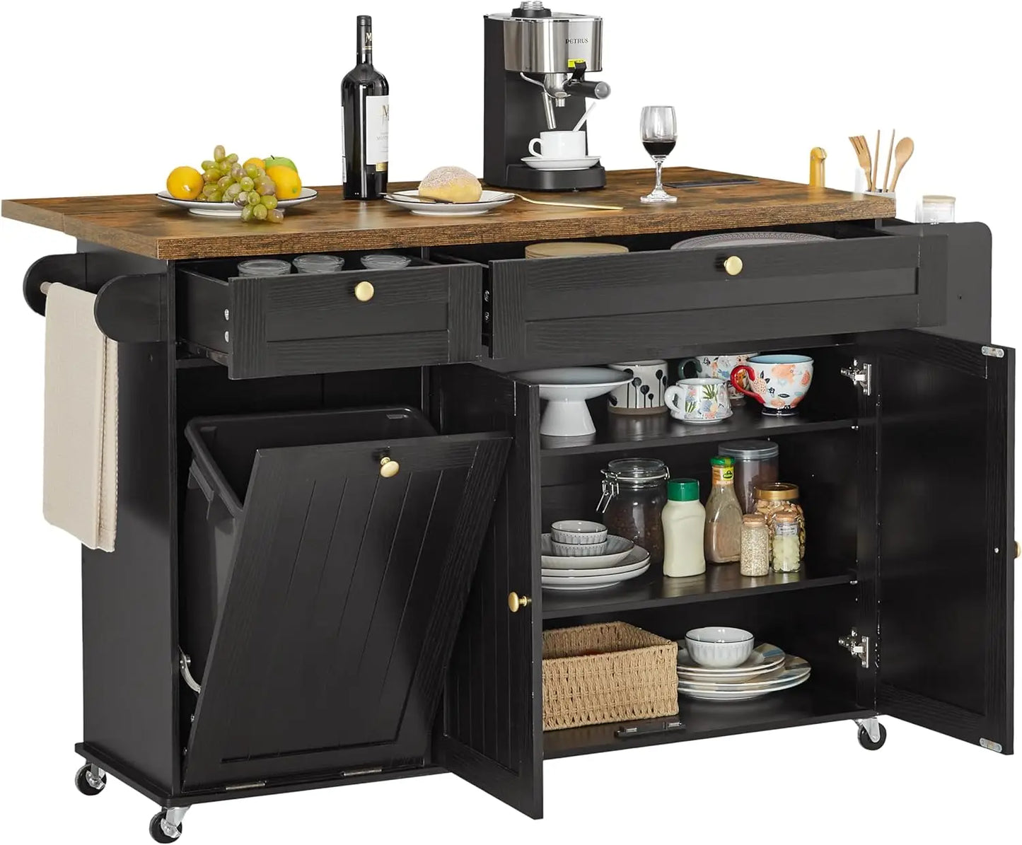 ONBRILL Rolling Mobile Kitchen Island With Power Outlet Towel Rack