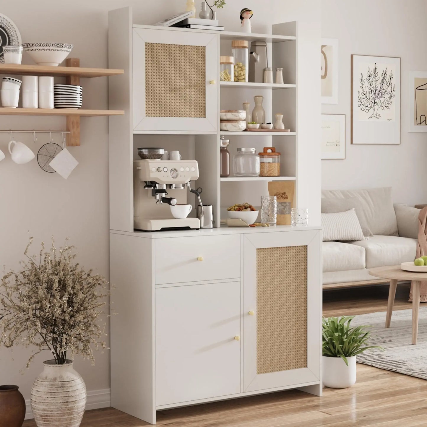 71in Kitchen Pantry Cabinet With Microwave Stand Adjustable Shelves Tall Storage Cabinet For Dining Room Living Room