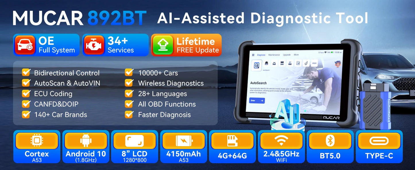 MUCAR 892BT AI Key Programming Diagnostic Tool OBD2 Scanner CAN FD DOIP