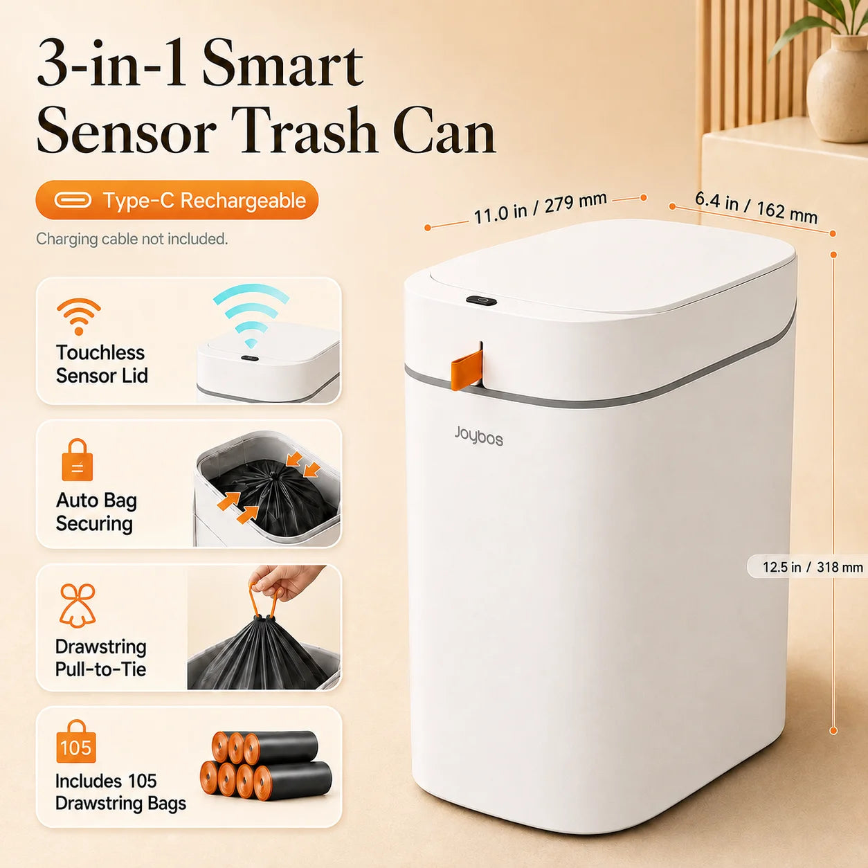 Joybos Auto-Lining Touchless Trash Can With Free Drawstring Bags