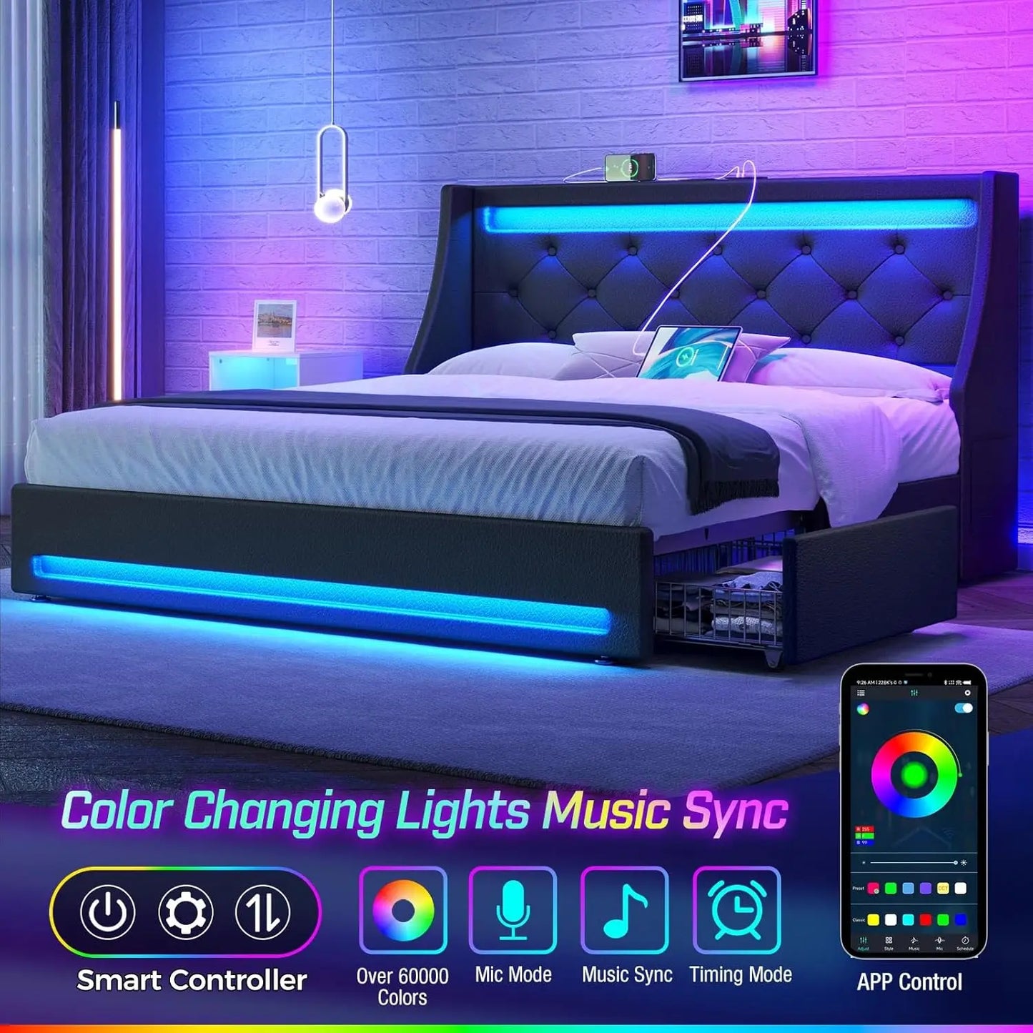 Queen Bed Frame With LED Lights And Charging Station