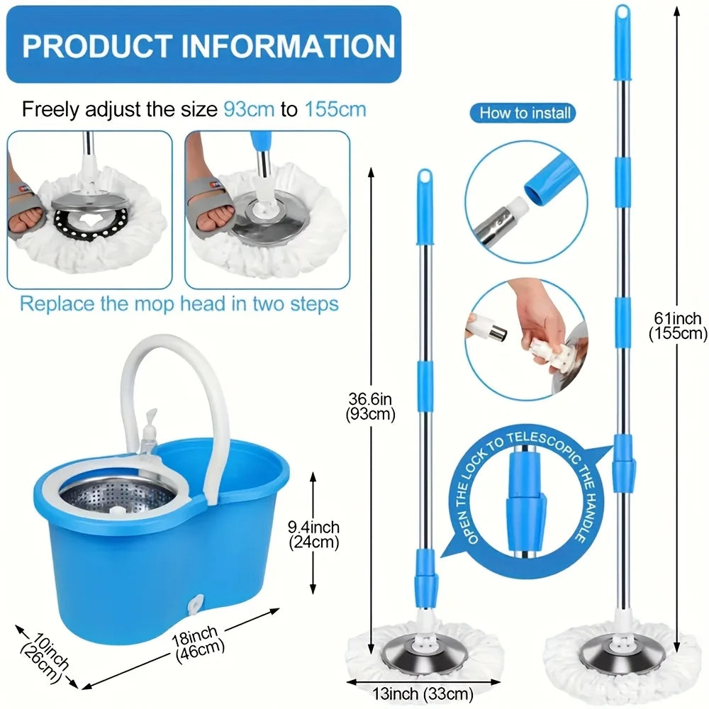 AEHOME Mop Bucket With Wringer Kit 360 Degree Swivel Mop And 3 Replacement Heads