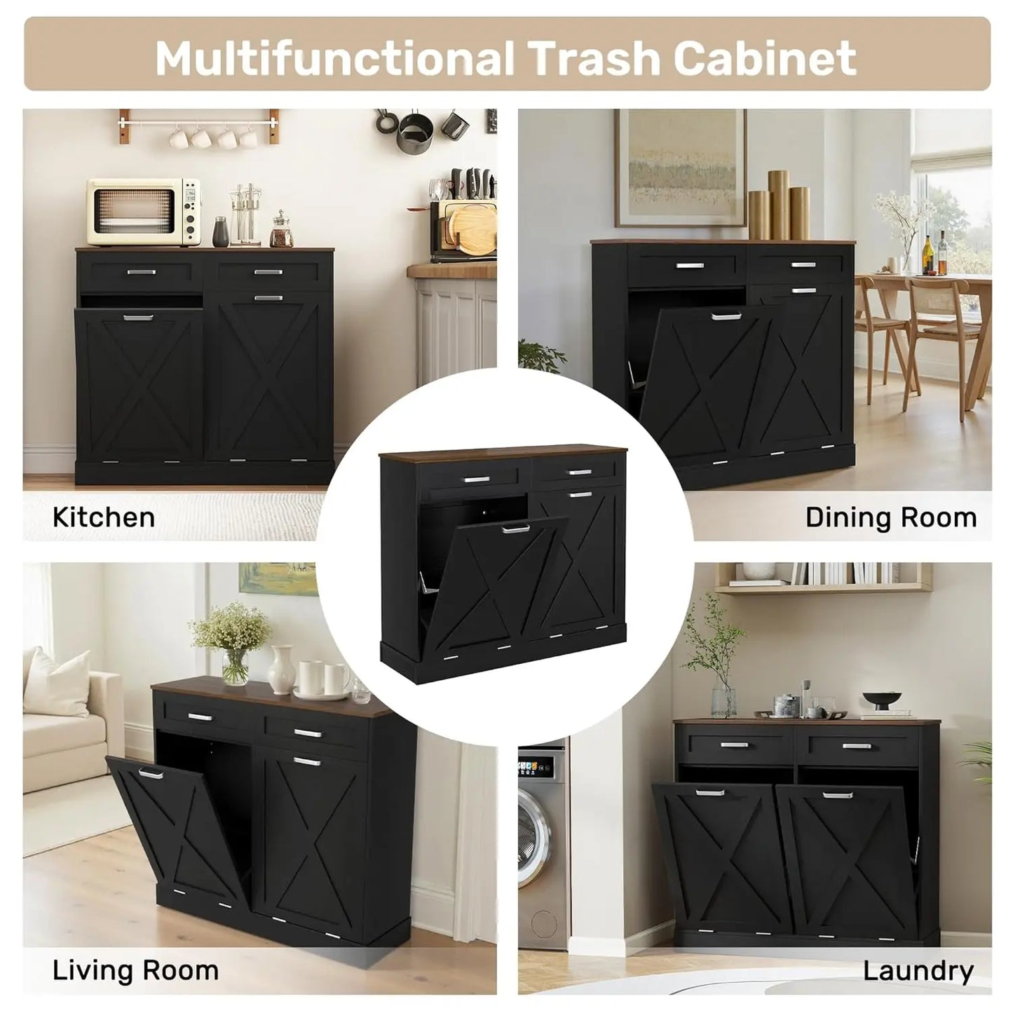 Double Tilt Out Trash Can Cabinet With Hidden Storage Drawers