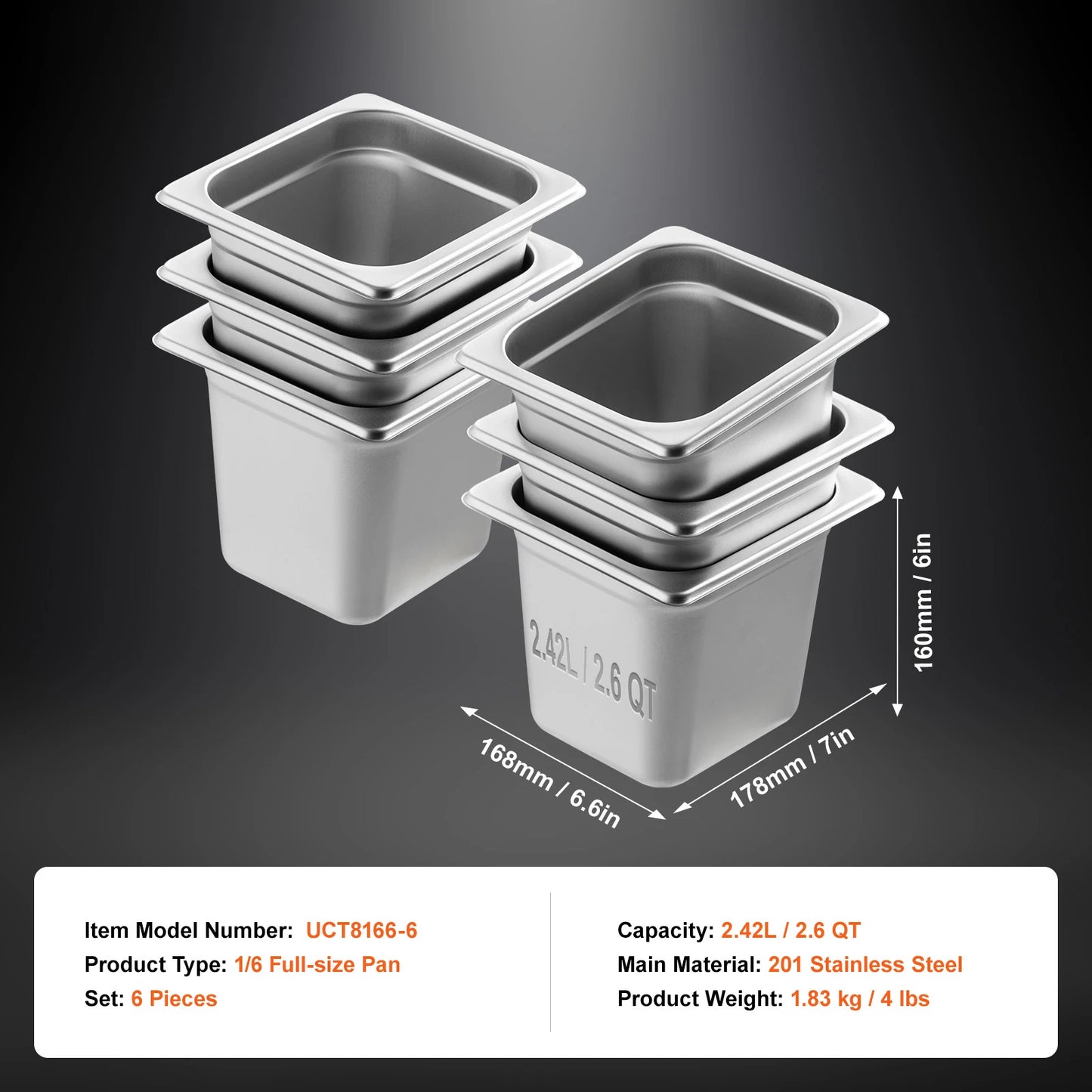 VEVOR Stainless Steel Steam Table Pan 2.6 Qt Catering Pan