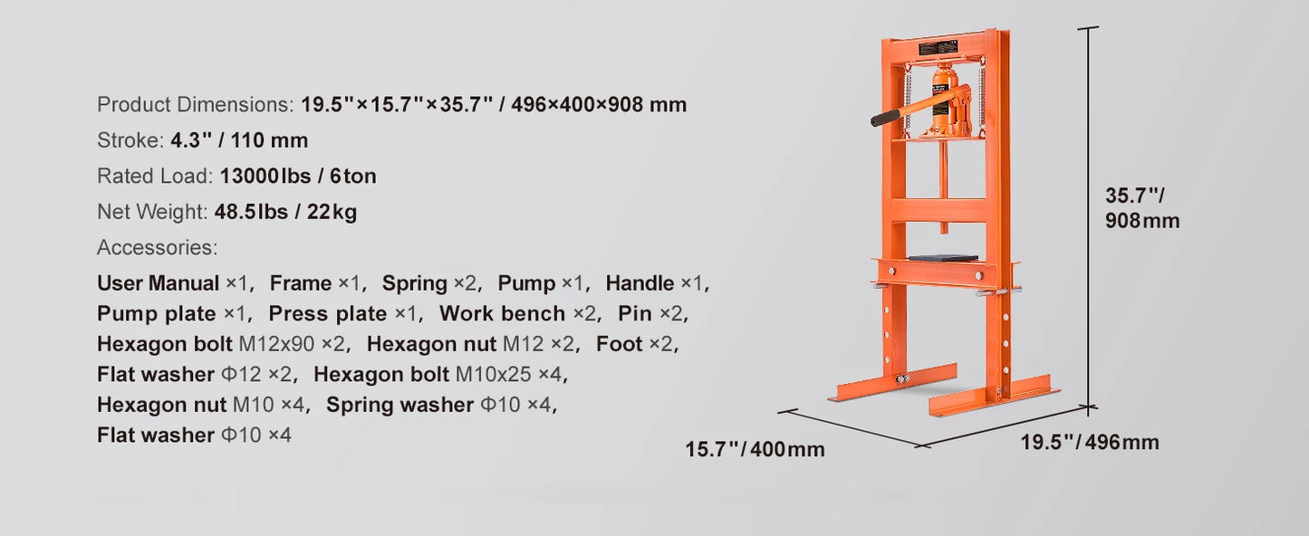 SucceBuy 6T H Frame Hydraulic Shop Press For Garage Workshop