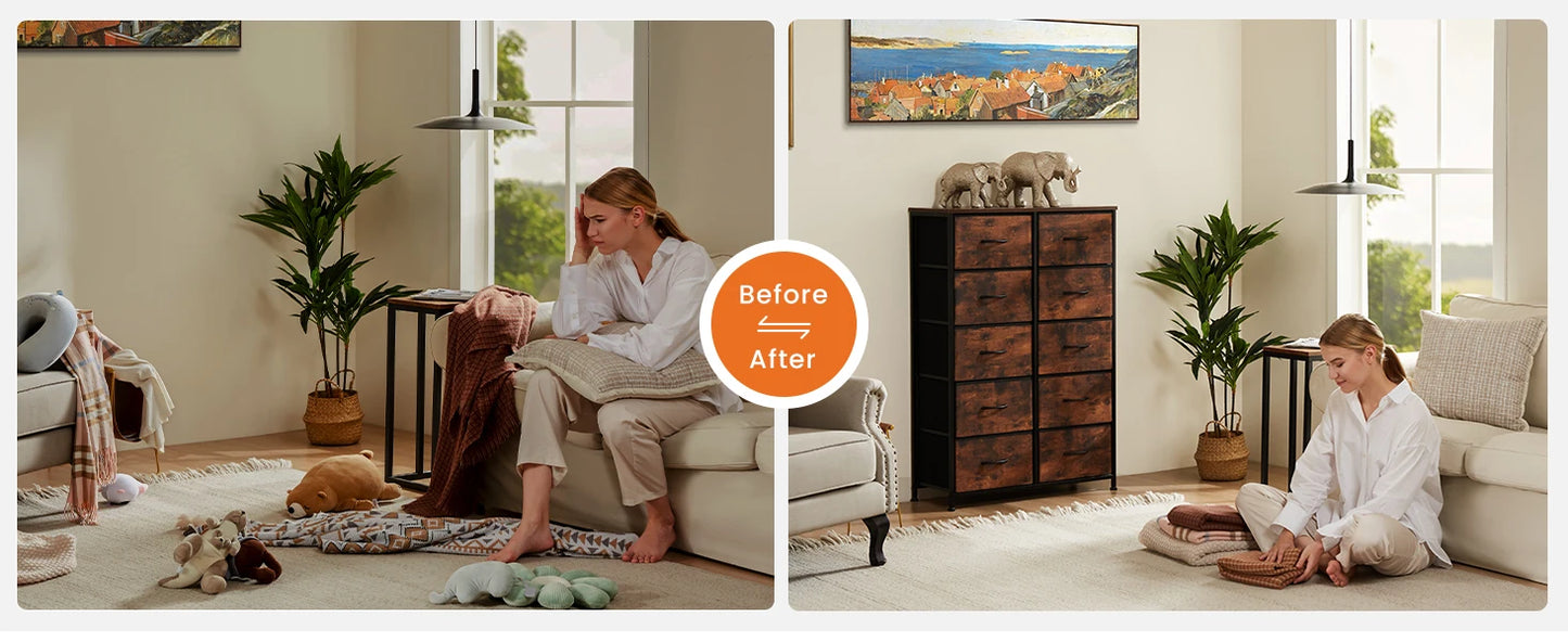 JHK Bedside Table With Fabric Drawers And Metal Frame Wardrobe