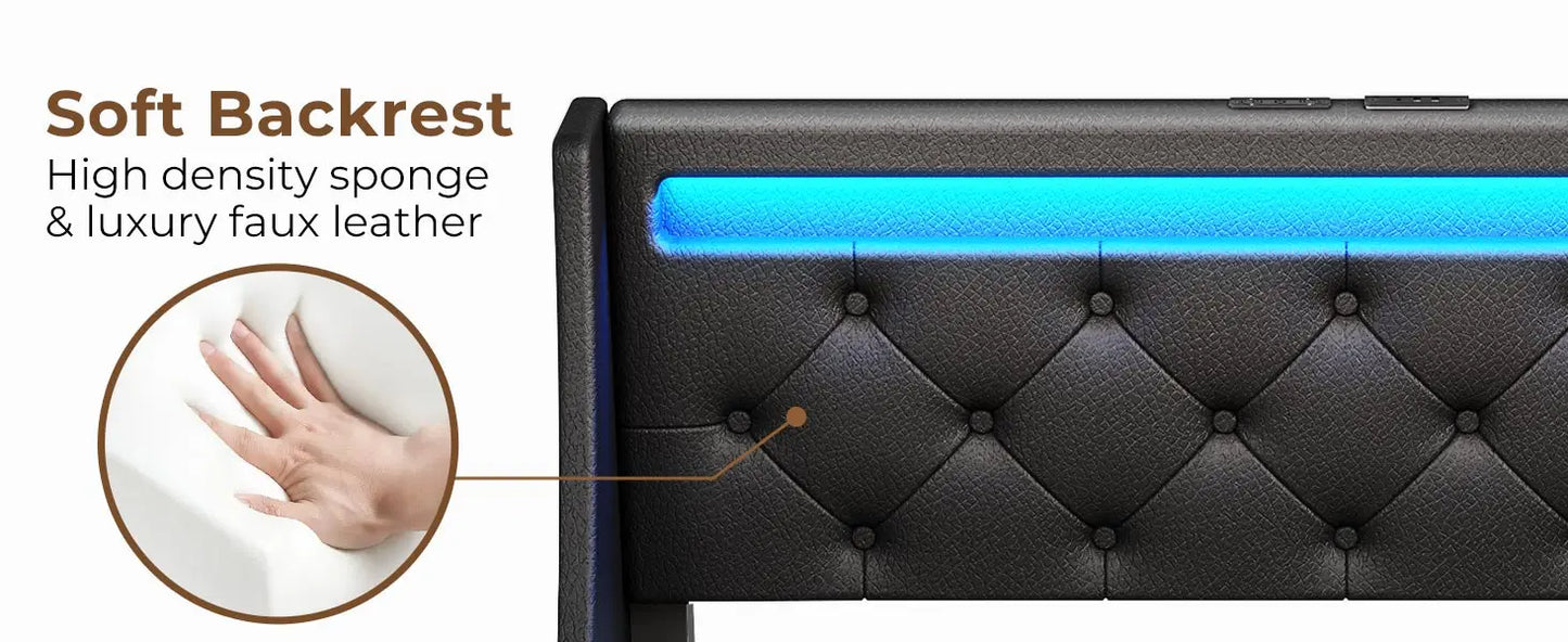 Queen Bed Frame With LED Lights And Charging Station