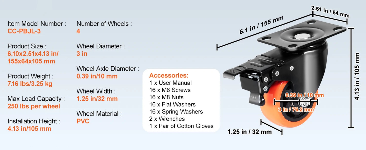 SucceBuy PVC Furniture Caster Wheels Set Of Four Swivel Casters