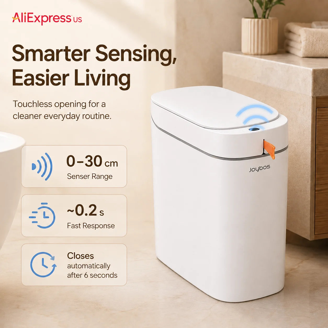 Joybos Auto-Lining Touchless Trash Can With Free Drawstring Bags