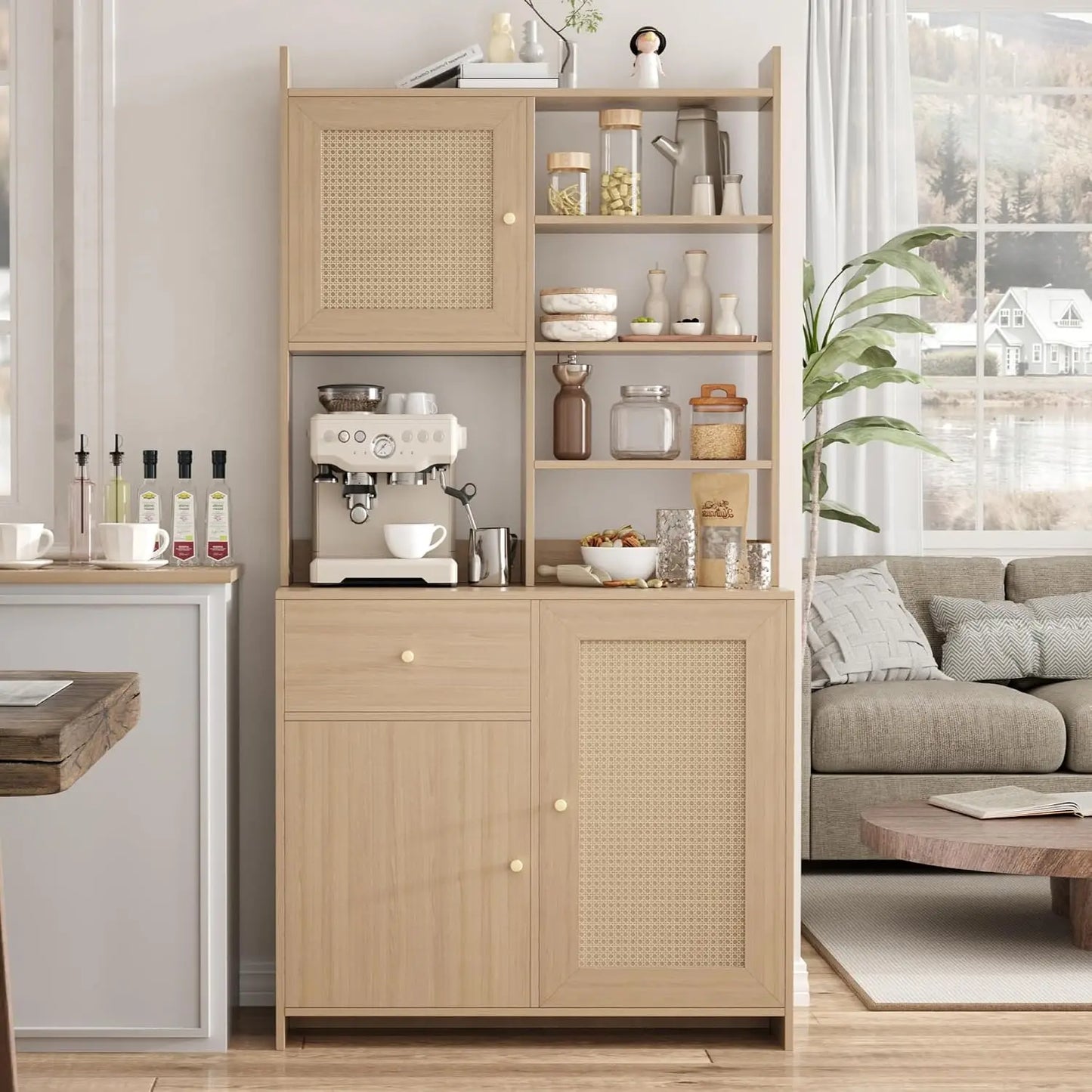 71in Kitchen Pantry Cabinet With Microwave Stand Adjustable Shelves Tall Storage Cabinet For Dining Room Living Room